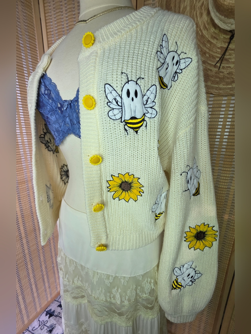 Ivory Chunky Knit Sunflower Button Up Cardigan Sweater with Ghost Bee "Boo-Bees" - Picture 2 of 8